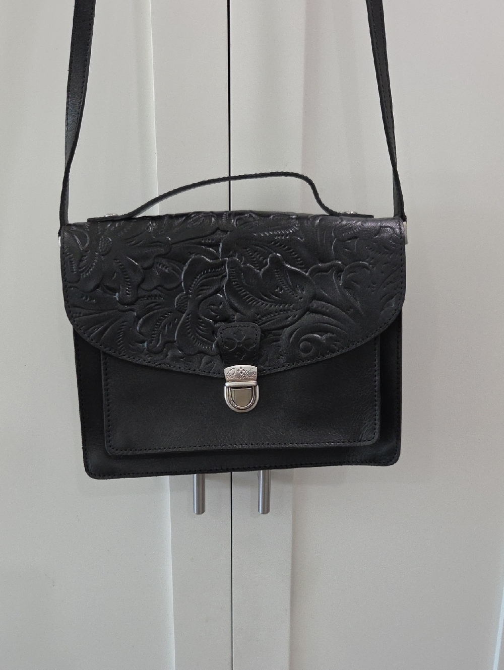 Patricia Nash Black Embossed Leather Satchel with Silver Tone Clasp